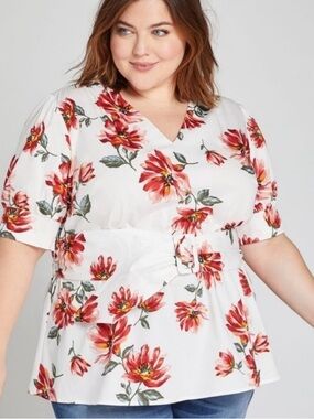 Lane Bryant White Top with Red Floral Print - **NO BELT